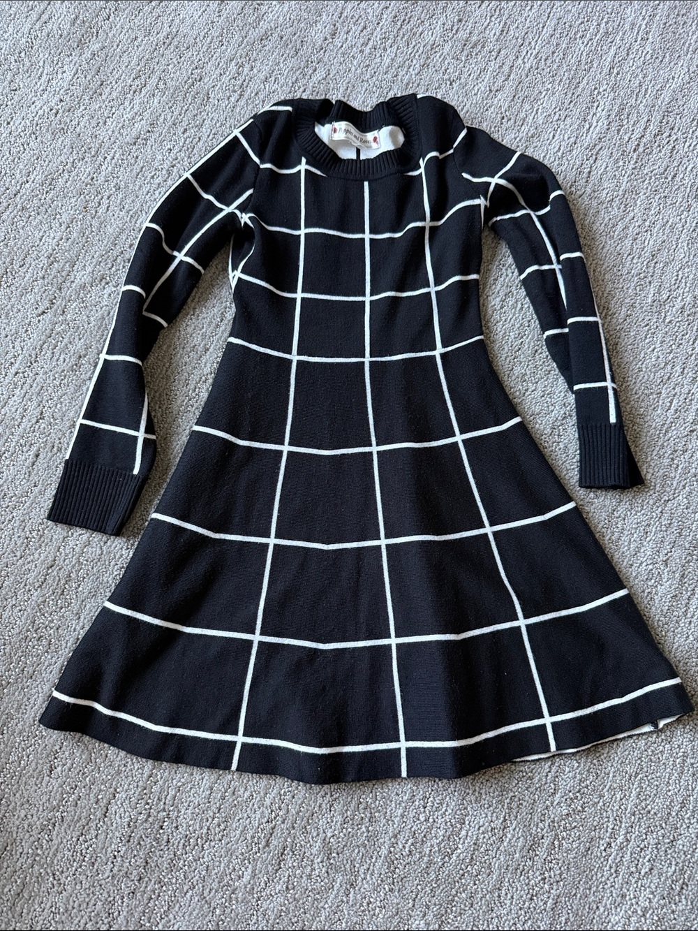 Black & White Grid Knit Long Sleeve Dress